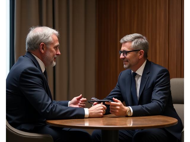 A Luxury Gadgets consultant exquisitely presents a premium smartphone to a discerning client in a modern, elegant showroom.