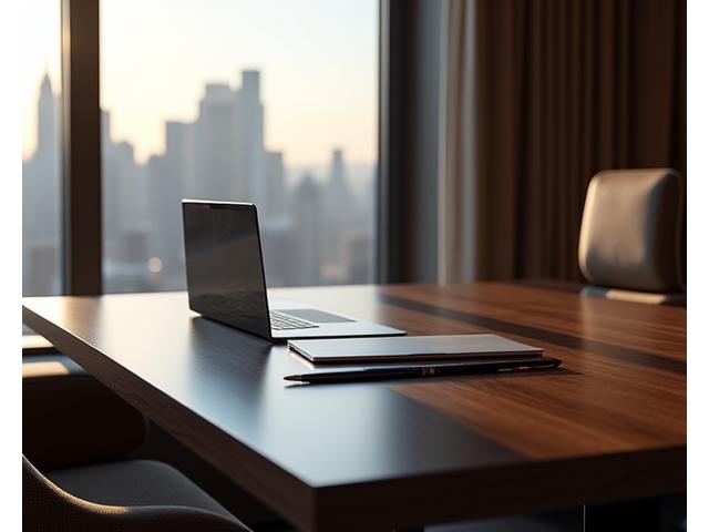 A sleek, modern desk setup with a luxury laptop and minimalist decor, embodying sophisticated technology and design.