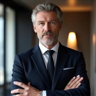 Julian Thorne, founder of Luxury Gadgets, a sophisticated man in a bespoke suit with a premium smartphone in hand.