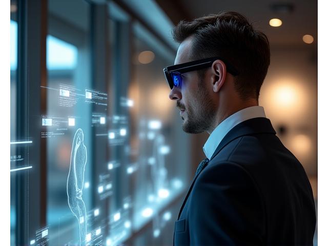 A man using augmented reality glasses to visualize luxury watch models in a high-end boutique setting, showing immersive shopping.