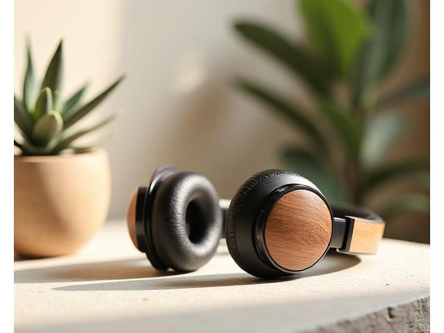 Eco-friendly, sleek headphones made from sustainable materials sitting on a polished wooden surface, bathed in natural light.