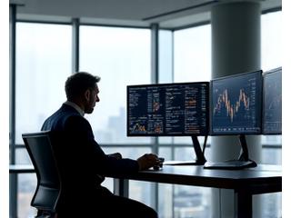 A venture capitalist reviewing financial charts on a large screen in a luxurious, high-rise office, deep in thought.