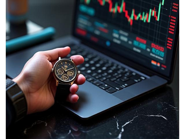 A close-up of a hand holding a rare, vintage luxury watch next to a modern, high-tech laptop, symbolizing technology as investment.