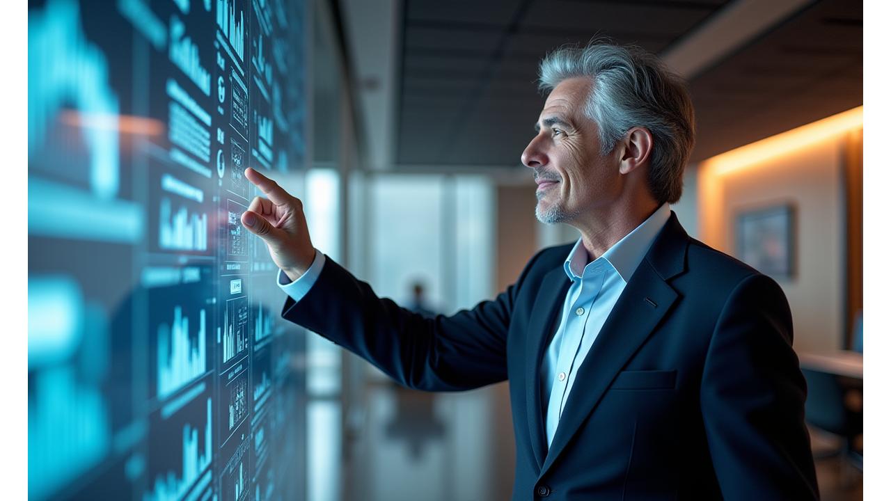 A sophisticated man, the founder of Luxury Gadgets, reviewing data on a transparent screen in a minimalist, high-tech office.