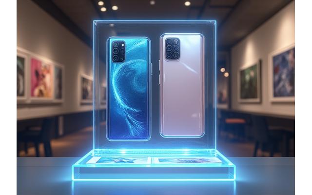 Side-by-side comparison interface on a transparent display showing two luxury smartphones