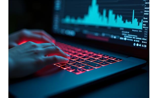 Close-up of hands performing a benchmark test on a sleek, high-performance laptop