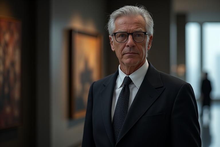 Portrait of a distinguished founder within a sleek, modern luxury office setting