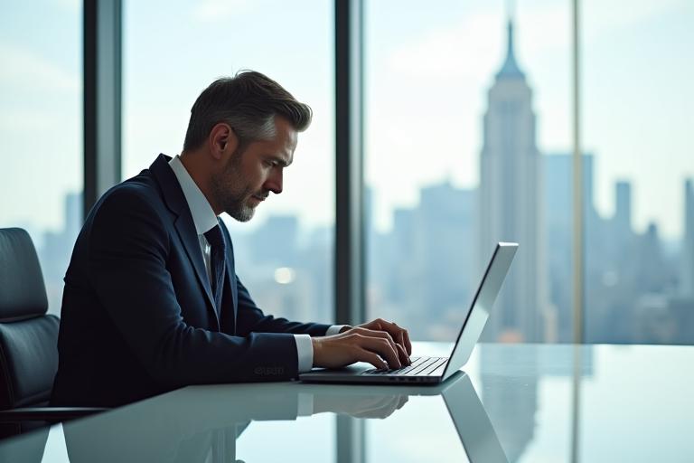 Executive working on a high-performance ultra-thin laptop in a luxurious, bright office