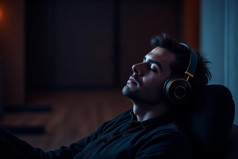 Man enjoying music through high-fidelity headphones in a private, luxurious lounge