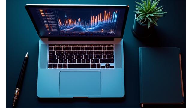 Sleek laptop with glowing productivity charts on screen in a premium office