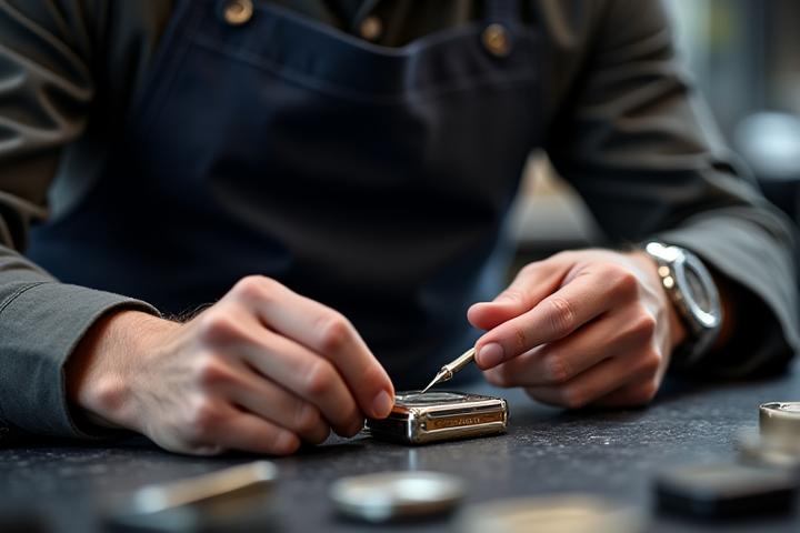 A craftsman meticulously engraving a metal component for a luxury gadget in a well-lit, modern workshop.