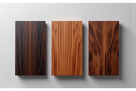 Swatches of rare, polished exotic wood veneers, ideal for device customization.