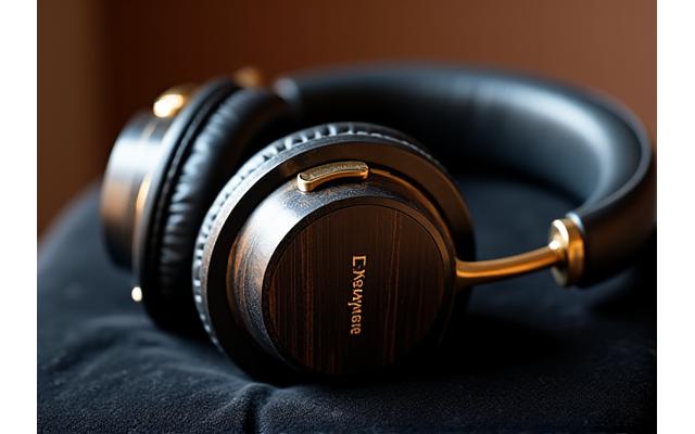 High-end custom headphones with unique ear cups made of polished wood and brushed gold accents.