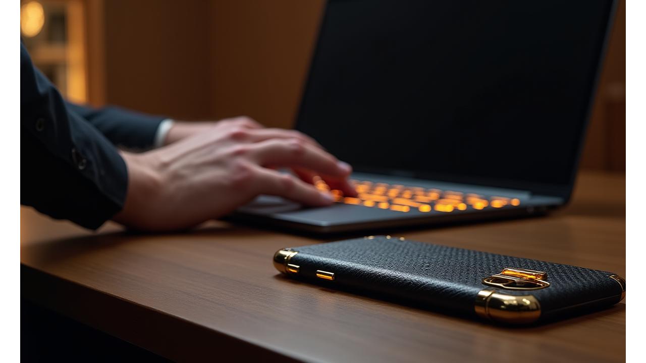 A meticulously customized luxury smartphone and laptop on an executive desk, showcasing unique materials and bespoke engravings.