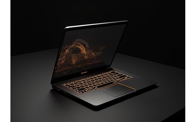 A sleek, customized luxury laptop open on a dark wood desk, featuring a unique finish and personalized emblem.