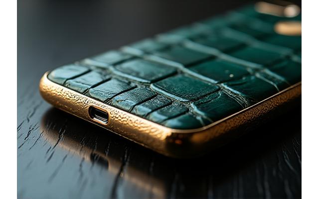 A luxury smartphone with a custom exotic leather back and engraved metal frame.
