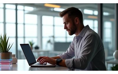 Mr. Victor Sterling, a successful tech founder, in a modern, minimalistic workspace with his luxury laptop
